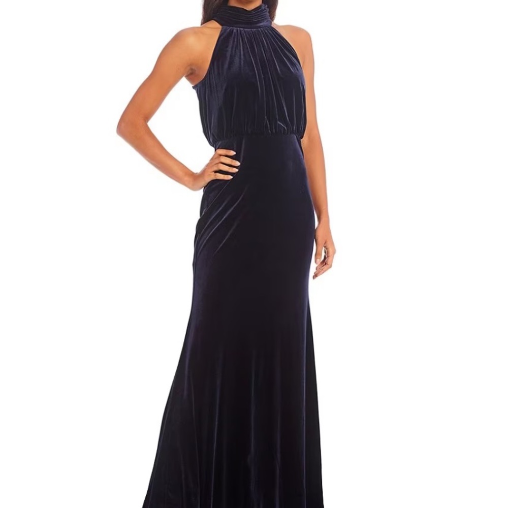 Eliza J Womens Navy Velvet Mock Neck Full Length Evening Dress Gown NWT size 6